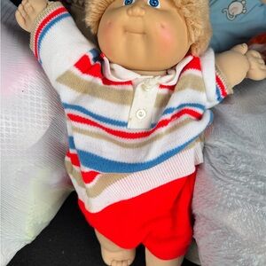 Vintage Cabbage Patch Kid Doll in Red Shorts with Multi-Stripe Knit Top